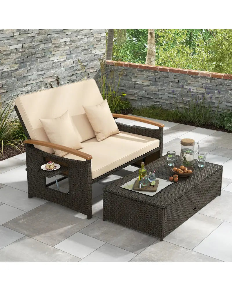 Outdoor Wicker Daybed with Folding Panels and Storage Ottoman-Beige - Beige - Outdoor Chaise Lounges