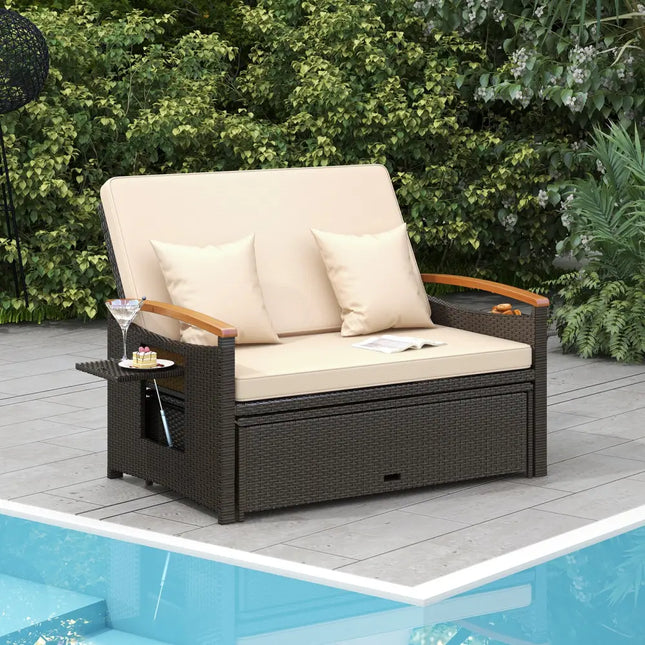 Outdoor Wicker Daybed with Folding Panels and Storage Ottoman-Beige - Beige - Outdoor Chaise Lounges
