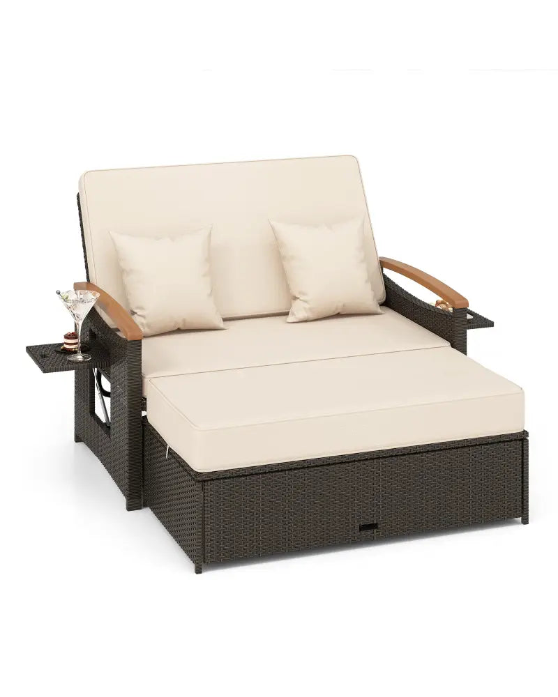 Outdoor Wicker Daybed with Folding Panels and Storage Ottoman-Beige - Beige - Outdoor Chaise Lounges