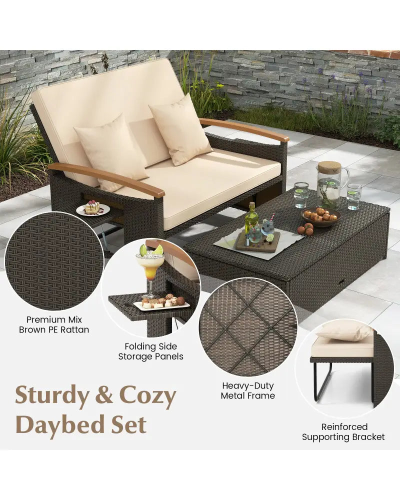 Outdoor Wicker Daybed with Folding Panels and Storage Ottoman-Beige - Beige - Outdoor Chaise Lounges