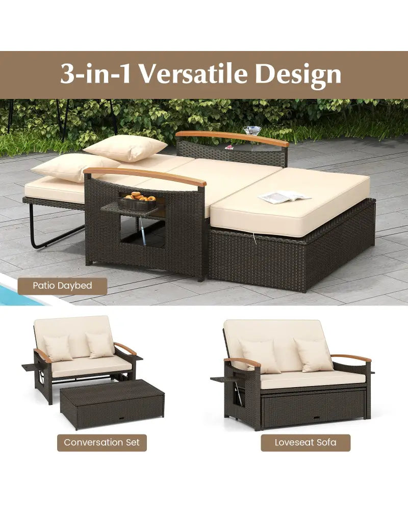Outdoor Wicker Daybed with Folding Panels and Storage Ottoman-Beige - Beige - Outdoor Chaise Lounges