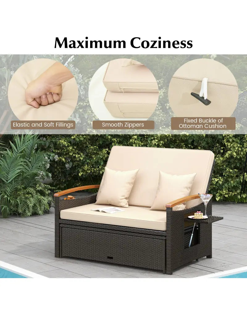 Outdoor Wicker Daybed with Folding Panels and Storage Ottoman-Beige - Beige - Outdoor Chaise Lounges