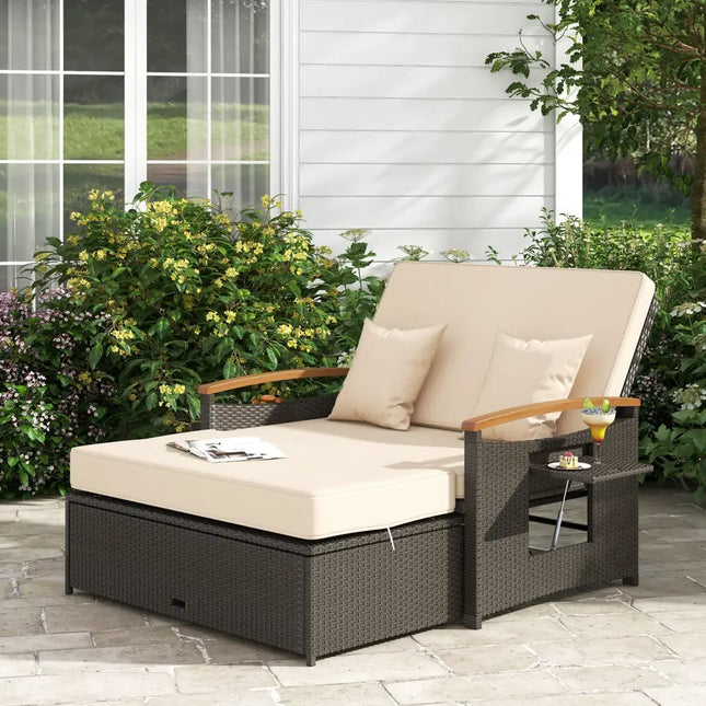 Outdoor Wicker Daybed with Folding Panels and Storage Ottoman-Beige - Beige - Outdoor Chaise Lounges
