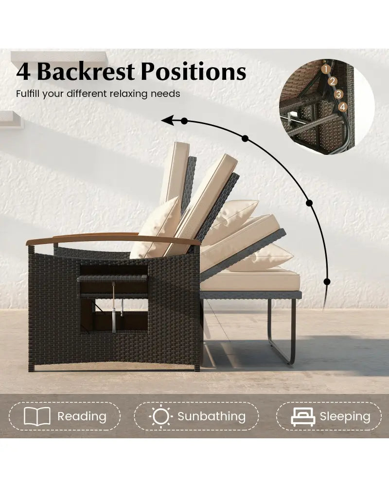 Outdoor Wicker Daybed with Folding Panels and Storage Ottoman-Beige - Beige - Outdoor Chaise Lounges