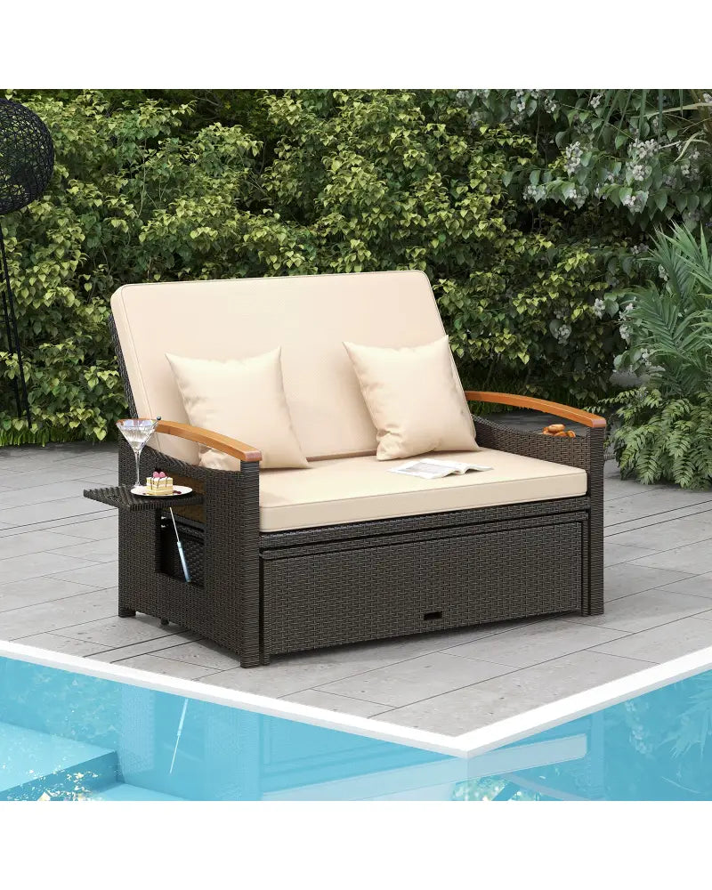 Outdoor Wicker Daybed with Folding Panels and Storage Ottoman-Beige - Beige - Outdoor Chaise Lounges
