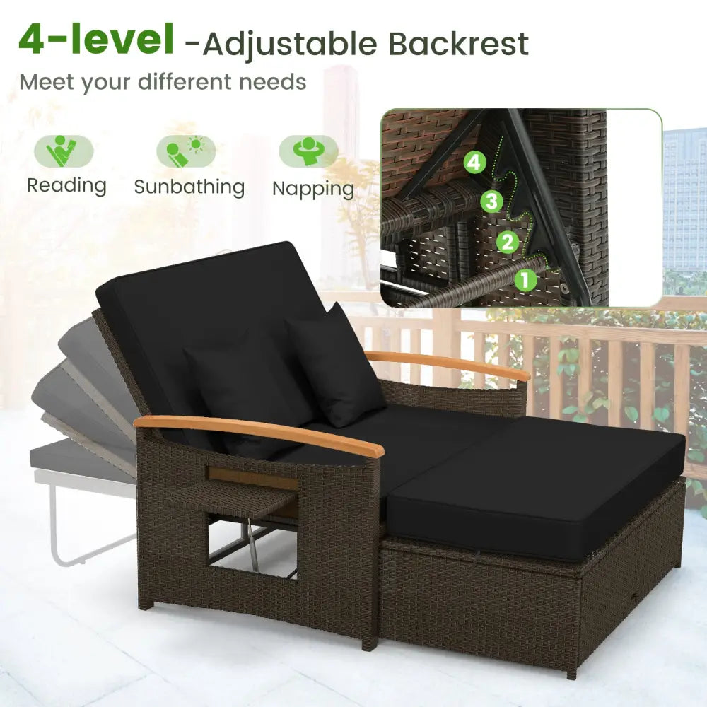 Outdoor Wicker Daybed with Folding Panels and Storage Ottoman-Black - Black - Outdoor Chaise Lounges