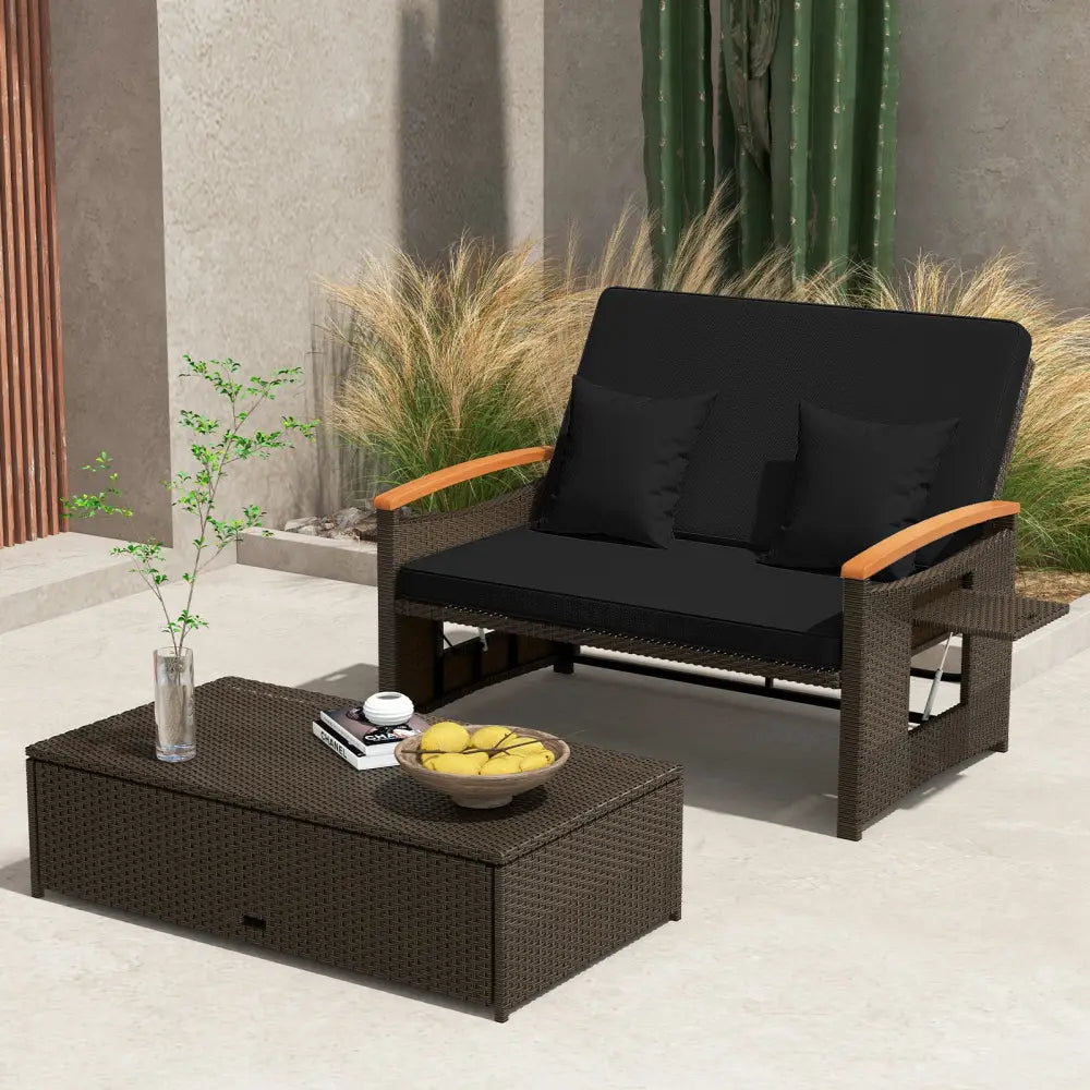 Outdoor Wicker Daybed with Folding Panels and Storage Ottoman-Black - Black - Outdoor Chaise Lounges