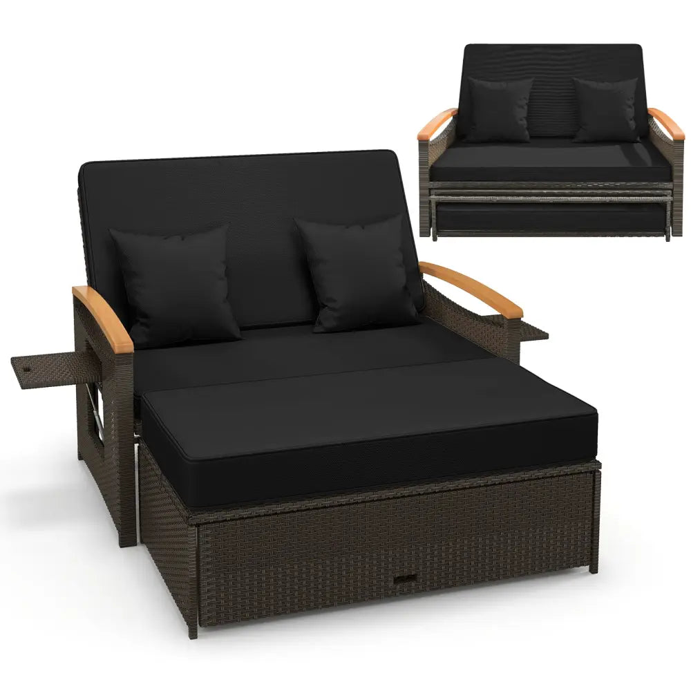Outdoor Wicker Daybed with Folding Panels and Storage Ottoman-Black - Black - Outdoor Chaise Lounges