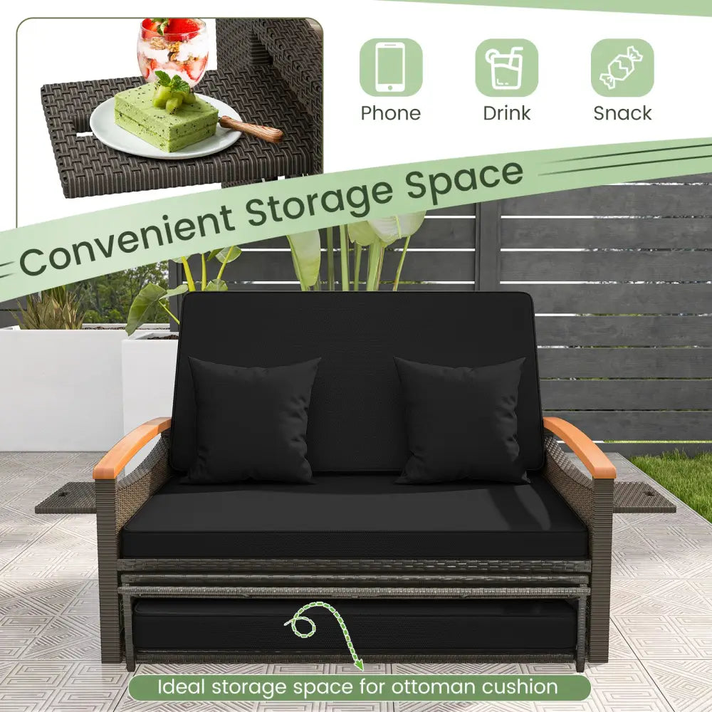 Outdoor Wicker Daybed with Folding Panels and Storage Ottoman-Black - Black - Outdoor Chaise Lounges