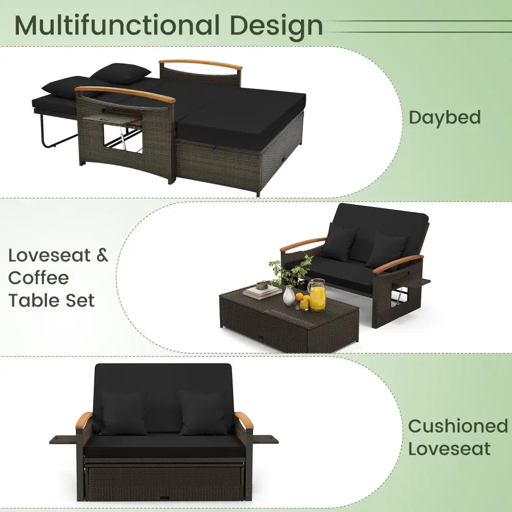 Outdoor Wicker Daybed with Folding Panels and Storage Ottoman-Black - Black - Outdoor Chaise Lounges