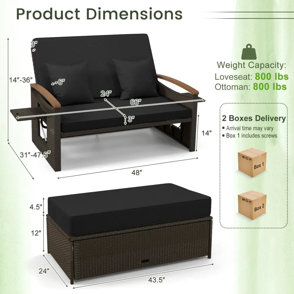 Outdoor Wicker Daybed with Folding Panels and Storage Ottoman-Black - Black - Outdoor Chaise Lounges