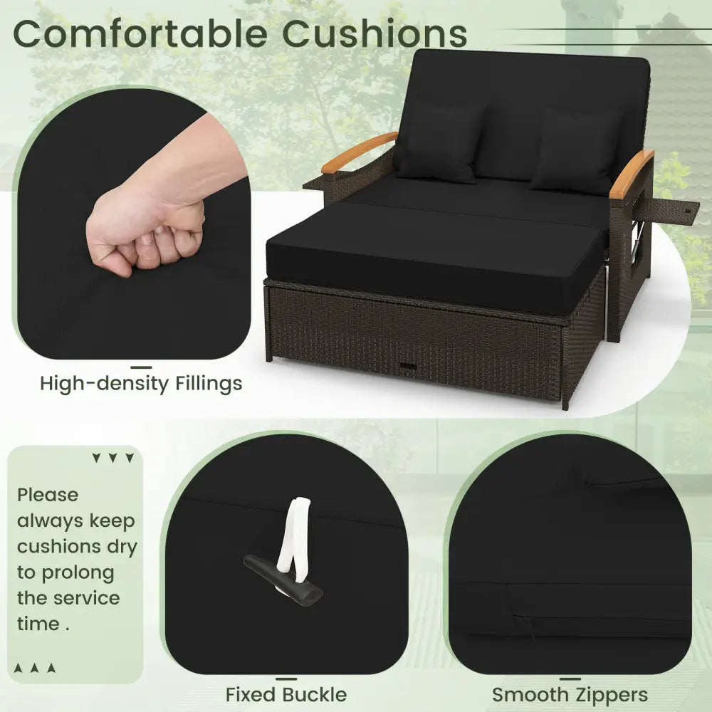 Outdoor Wicker Daybed with Folding Panels and Storage Ottoman-Black - Black - Outdoor Chaise Lounges