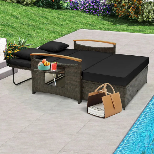Outdoor Wicker Daybed with Folding Panels and Storage Ottoman-Black - Black - Outdoor Chaise Lounges