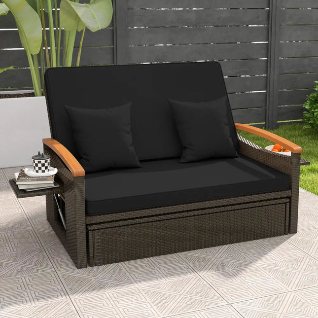Outdoor Wicker Daybed with Folding Panels and Storage Ottoman-Black - Black - Outdoor Chaise Lounges