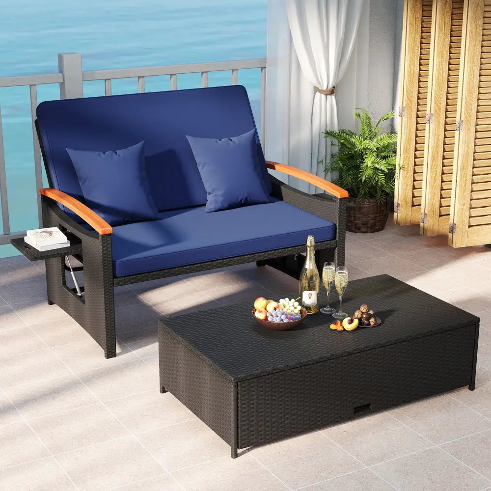 Outdoor Wicker Daybed with Folding Panels and Storage Ottoman-Dark Blue - Dark Blue - Outdoor Chaise Lounges