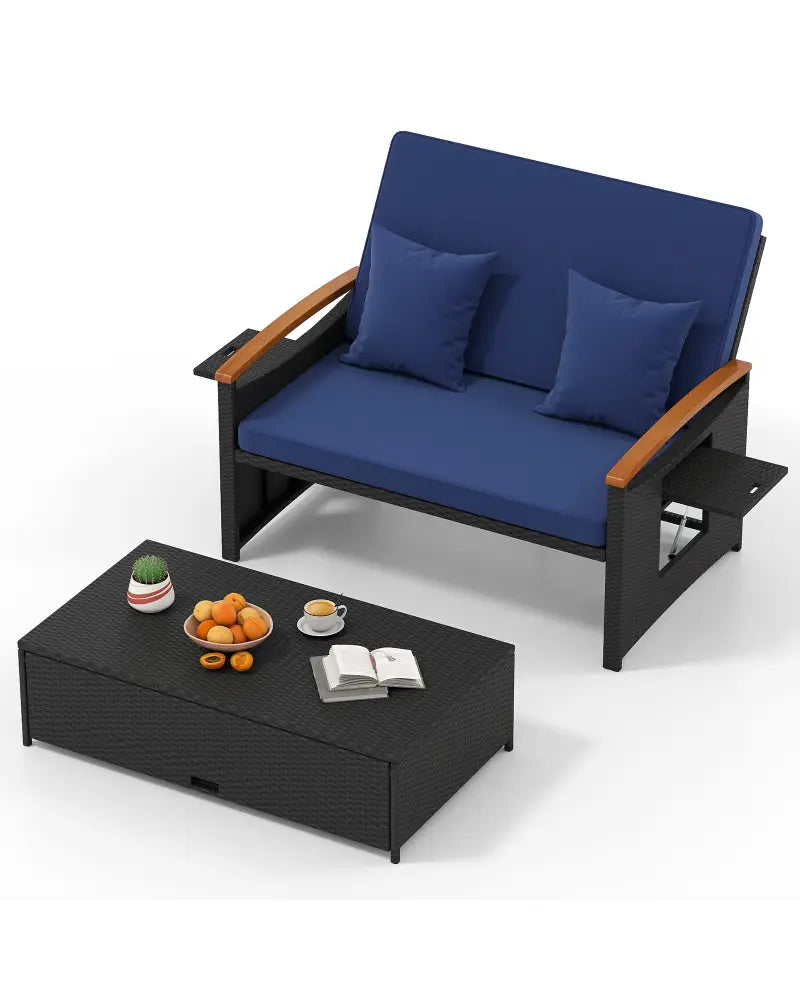 Outdoor Wicker Daybed with Folding Panels and Storage Ottoman-Dark Blue - Dark Blue - Outdoor Chaise Lounges