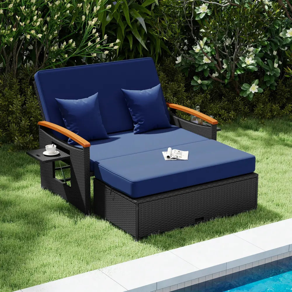 Outdoor Wicker Daybed with Folding Panels and Storage Ottoman-Dark Blue - Dark Blue - Outdoor Chaise Lounges
