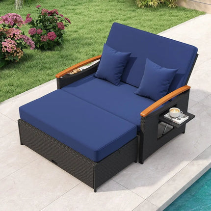 Outdoor Wicker Daybed with Folding Panels and Storage Ottoman-Dark Blue - Dark Blue - Outdoor Chaise Lounges