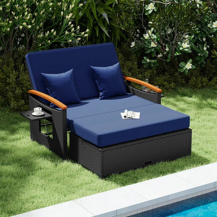 Outdoor Wicker Daybed with Folding Panels and Storage Ottoman-Dark Blue - Dark Blue - Outdoor Chaise Lounges