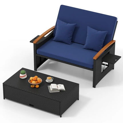 Outdoor Wicker Daybed with Folding Panels and Storage Ottoman-Dark Blue - Dark Blue - Outdoor Chaise Lounges
