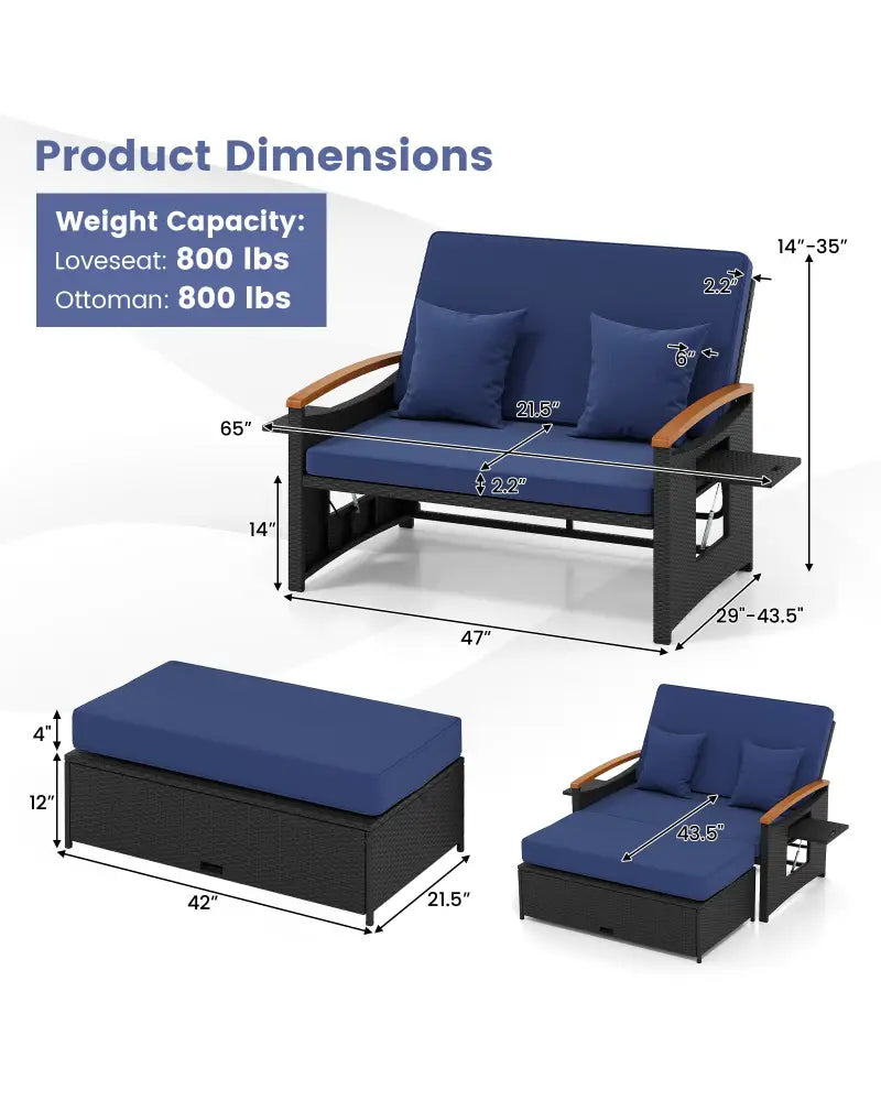 Outdoor Wicker Daybed with Folding Panels and Storage Ottoman-Dark Blue - Dark Blue - Outdoor Chaise Lounges
