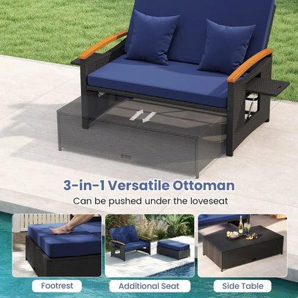 Outdoor Wicker Daybed with Folding Panels and Storage Ottoman-Dark Blue - Dark Blue - Outdoor Chaise Lounges