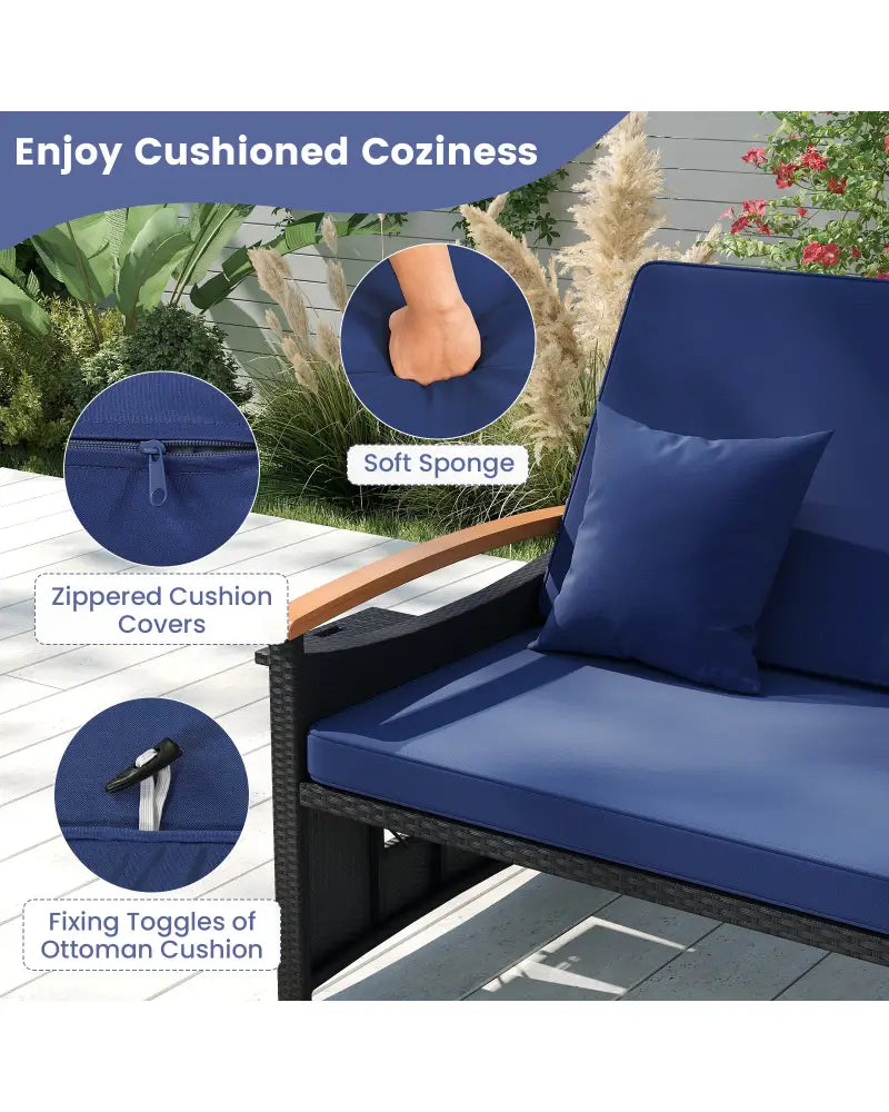 Outdoor Wicker Daybed with Folding Panels and Storage Ottoman-Dark Blue - Dark Blue - Outdoor Chaise Lounges