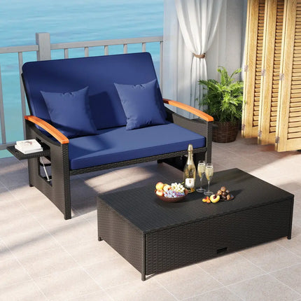 Outdoor Wicker Daybed with Folding Panels and Storage Ottoman-Dark Blue - Dark Blue - Outdoor Chaise Lounges