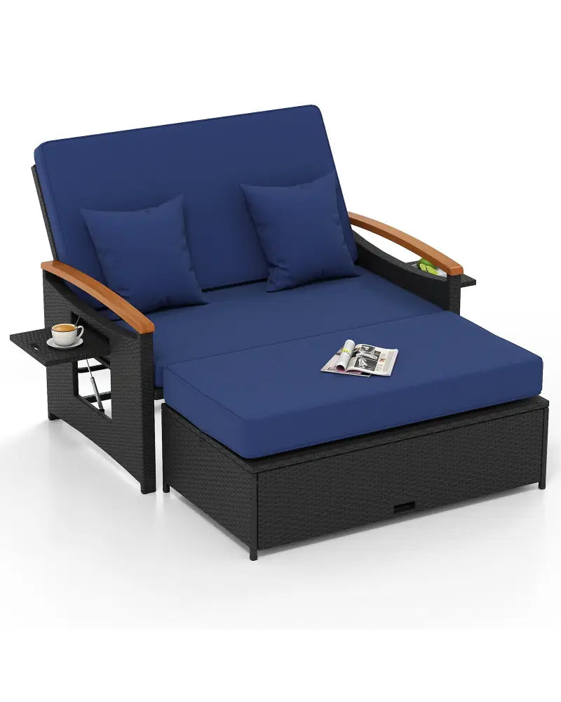 Outdoor Wicker Daybed with Folding Panels and Storage Ottoman-Dark Blue - Dark Blue - Outdoor Chaise Lounges