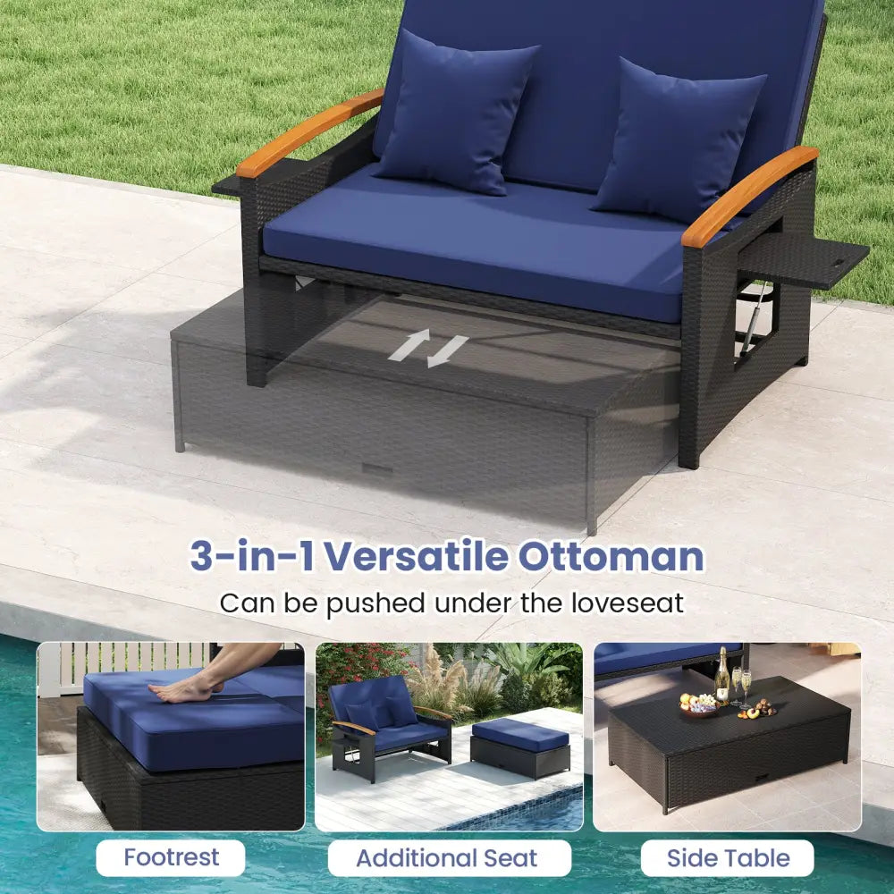 Outdoor Wicker Daybed with Folding Panels and Storage Ottoman-Dark Blue - Dark Blue - Outdoor Chaise Lounges