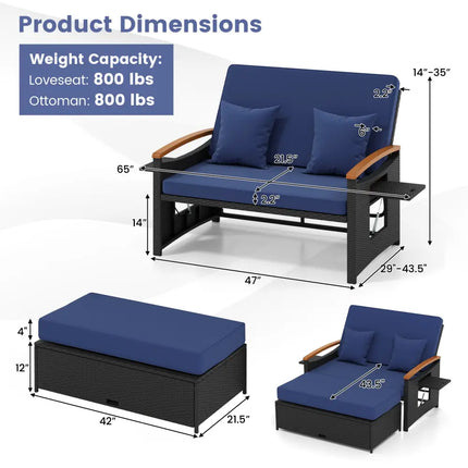 Outdoor Wicker Daybed with Folding Panels and Storage Ottoman-Dark Blue - Dark Blue - Outdoor Chaise Lounges