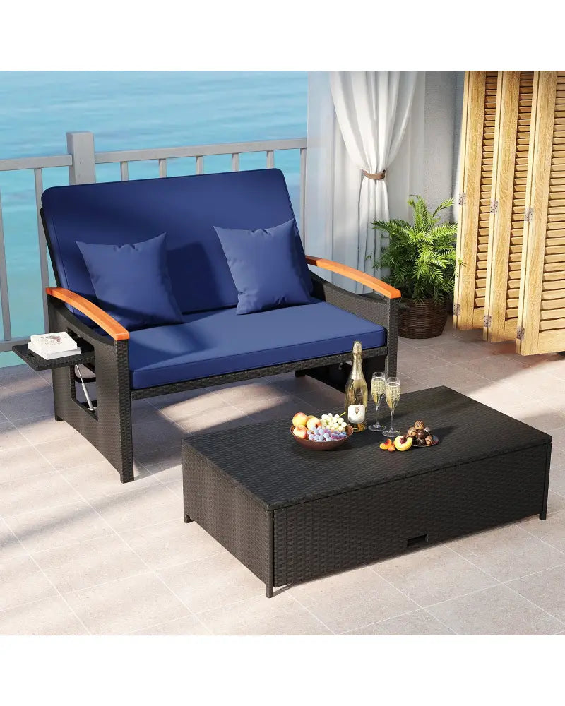Outdoor Wicker Daybed with Folding Panels and Storage Ottoman-Dark Blue - Dark Blue - Outdoor Chaise Lounges