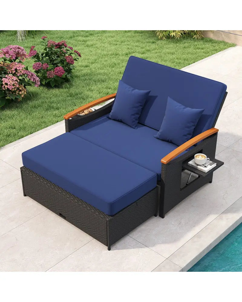 Outdoor Wicker Daybed with Folding Panels and Storage Ottoman-Dark Blue - Dark Blue - Outdoor Chaise Lounges