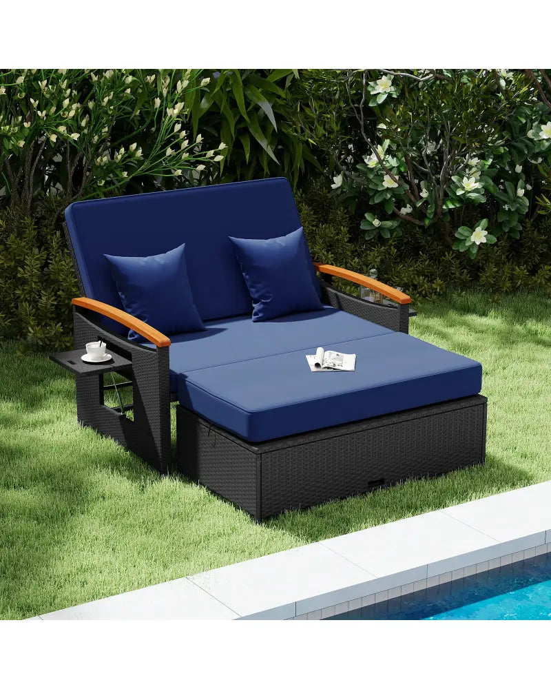 Outdoor Wicker Daybed with Folding Panels and Storage Ottoman-Dark Blue - Dark Blue - Outdoor Chaise Lounges