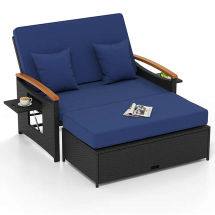 Outdoor Wicker Daybed with Folding Panels and Storage Ottoman-Dark Blue - Dark Blue - Outdoor Chaise Lounges