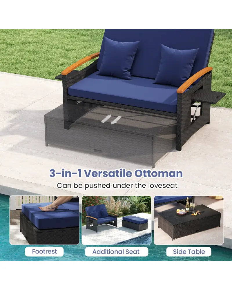 Outdoor Wicker Daybed with Folding Panels and Storage Ottoman-Dark Blue - Dark Blue - Outdoor Chaise Lounges