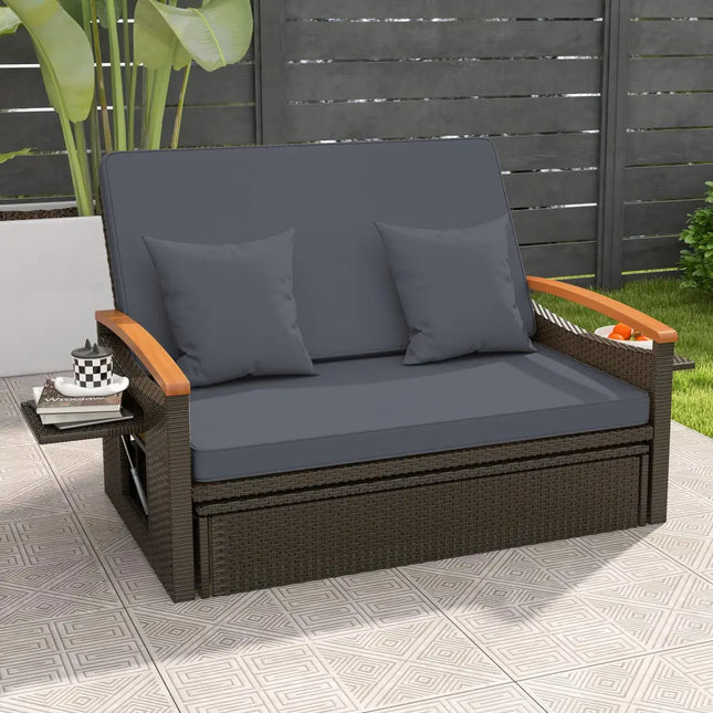 Outdoor Wicker Daybed with Folding Panels and Storage Ottoman-Gray - Gray - Outdoor Chaise Lounges
