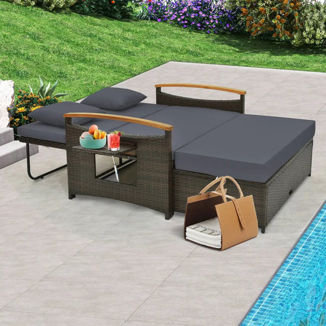 Outdoor Wicker Daybed with Folding Panels and Storage Ottoman-Gray - Gray - Outdoor Chaise Lounges