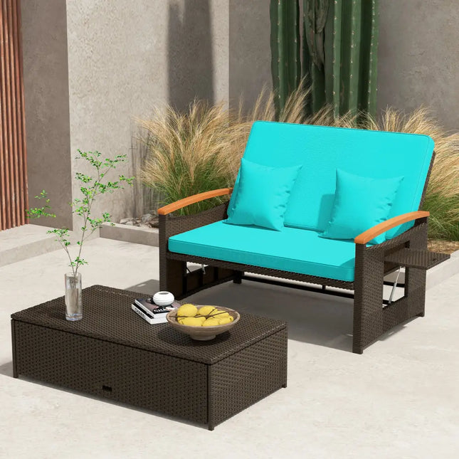 Outdoor Wicker Daybed with Folding Panels and Storage Ottoman-Green - Green - Outdoor Chaise Lounges