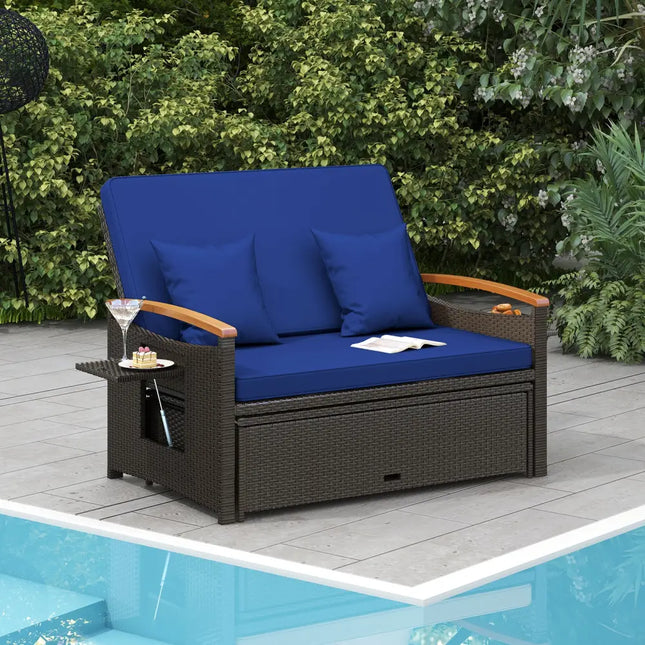 Outdoor Wicker Daybed with Folding Panels and Storage Ottoman-Navy - Navy - Outdoor Chaise Lounges