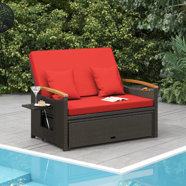 Outdoor Wicker Daybed with Folding Panels and Storage Ottoman-Red - Red - Outdoor Chaise Lounges