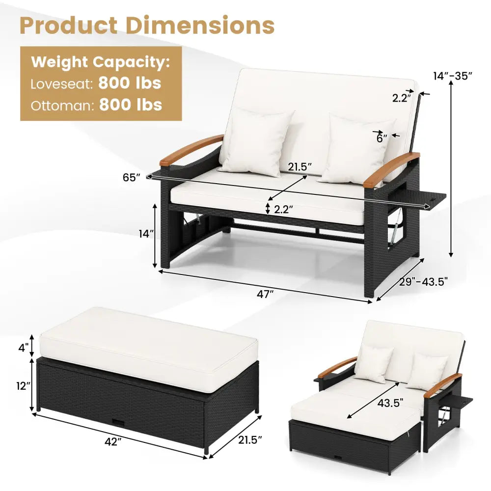 Outdoor Wicker Daybed with Folding Panels and Storage Ottoman-White - White - Outdoor Chaise Lounges