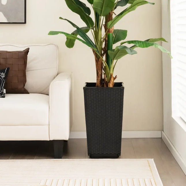 Outdoor Wicker Flower Pot Set of 2 with Drainage Hole for Porch Balcony - Black - Raised Garden Beds