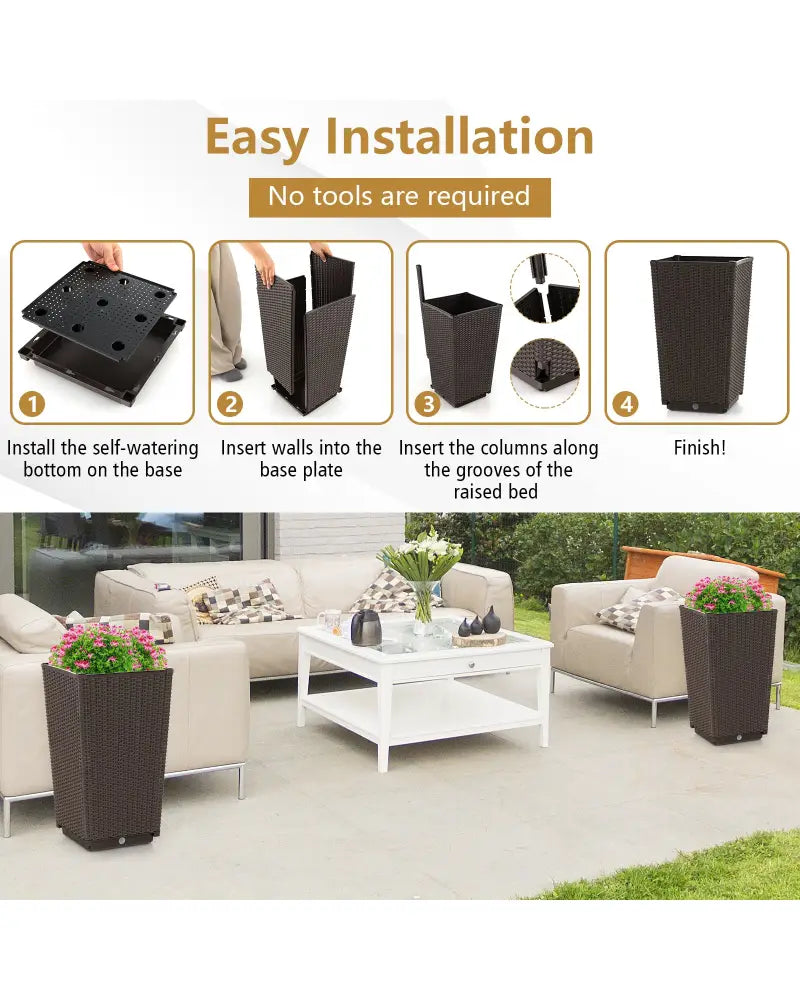 Outdoor Wicker Flower Pot Set of 2 with Drainage Hole for Porch Balcony-Brown - Brown - Raised Garden Beds