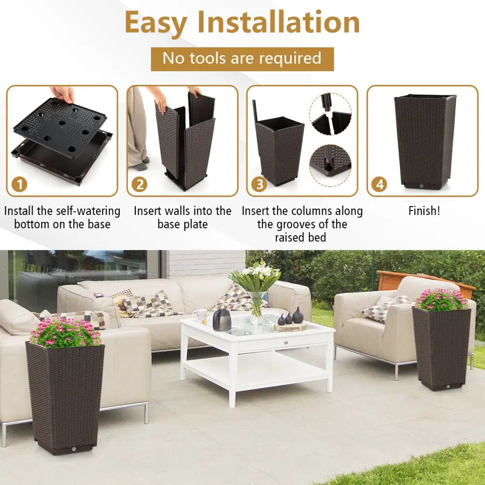 Outdoor Wicker Flower Pot Set of 2 with Drainage Hole for Porch Balcony-Brown - Brown - Raised Garden Beds