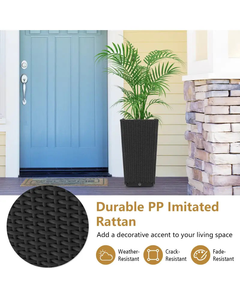 Outdoor Wicker Flower Pot Set of 2 with Drainage Hole for Porch Balcony - Black - Raised Garden Beds