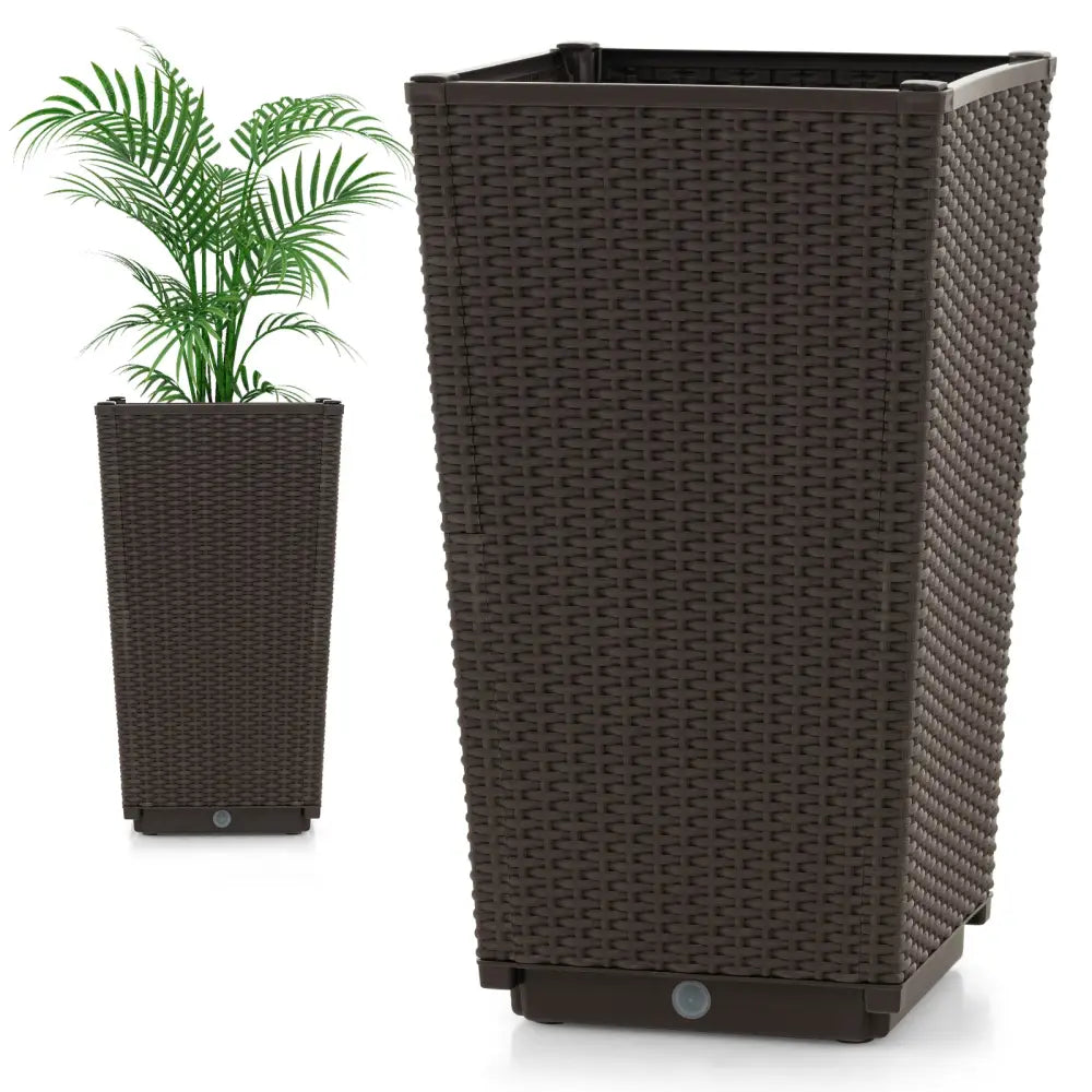 Outdoor Wicker Flower Pot Set of 2 with Drainage Hole for Porch Balcony-Brown - Brown - Raised Garden Beds