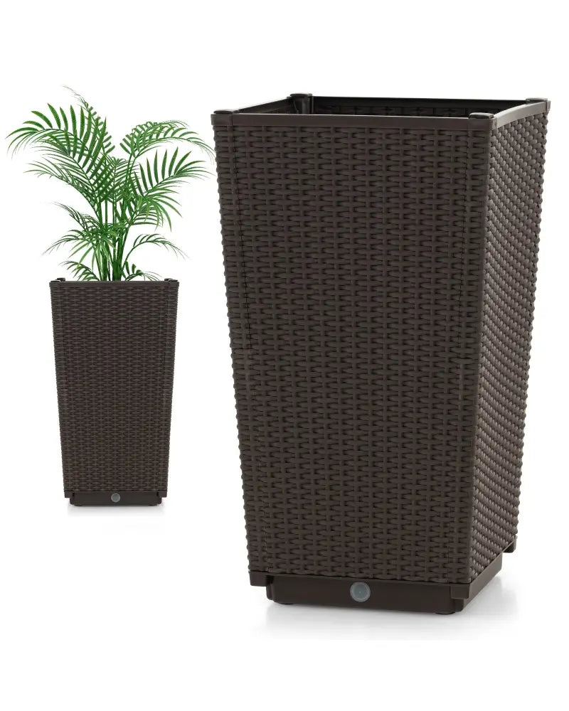 Outdoor Wicker Flower Pot Set of 2 with Drainage Hole for Porch Balcony-Brown - Brown - Raised Garden Beds