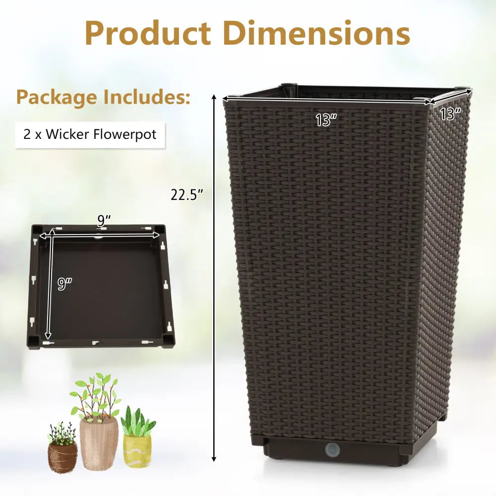 Outdoor Wicker Flower Pot Set of 2 with Drainage Hole for Porch Balcony-Brown - Brown - Raised Garden Beds