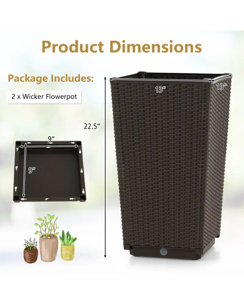 Outdoor Wicker Flower Pot Set of 2 with Drainage Hole for Porch Balcony-Brown - Brown - Raised Garden Beds